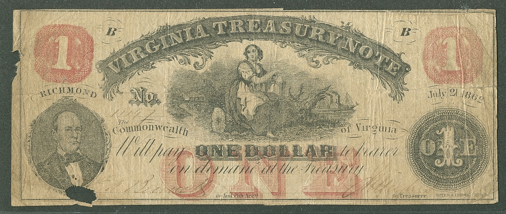 Virginia Treasury Note, 1862 $1